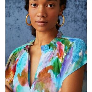 Marie Oliver Blue and Pink Cap Sleeve Blouse with Pleated Cut Out Design